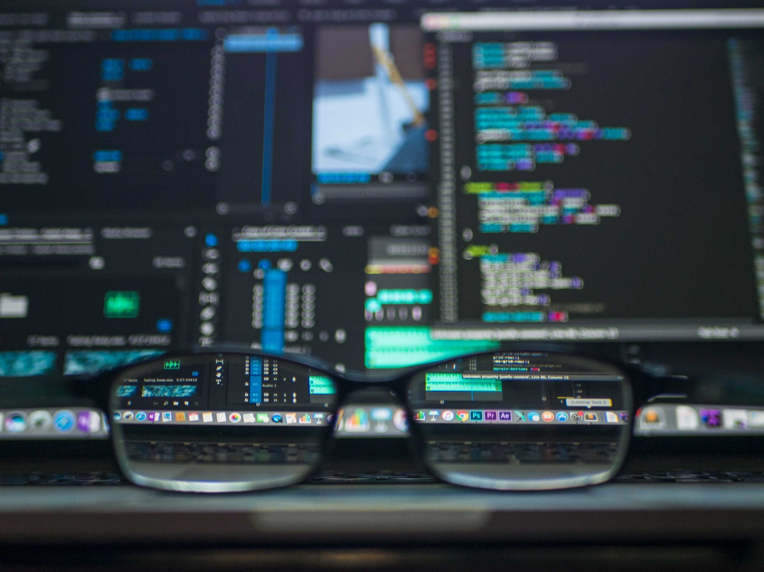 Eine Brille liegt auf einem Computerbildschirm in einem Startup-Büro.