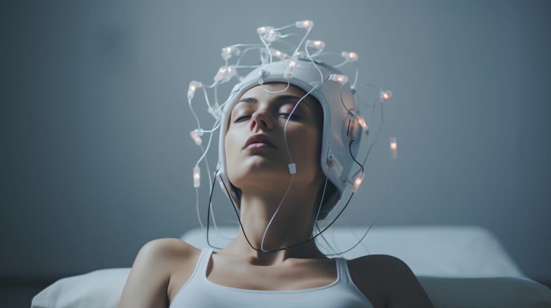 Eine Frau mit Lichtern auf dem Kopf entspannt sich auf einem Bett.