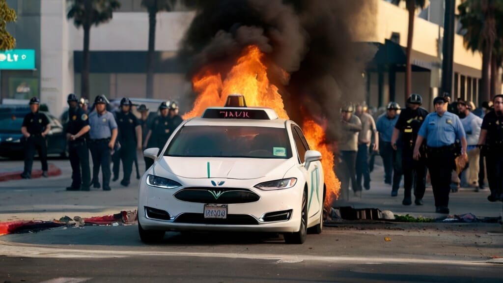 Ein brennendes weißes Auto vor einer Menschenmenge während einer Startup-Veranstaltung.