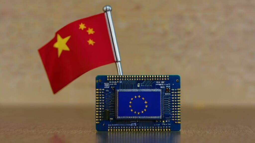 Eine chinesische Flagge mit einem Chip an der Spitze, die Innovation in der Startup-Branche symbolisiert.