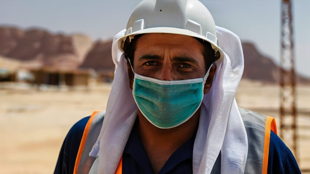Ein Mann mit Gesichtsmaske in der Wüste und denkt über seine Startup-Reise nach.