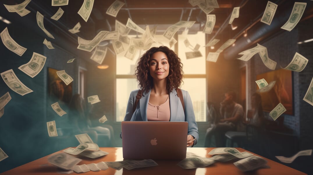Eine Frau sitzt an einem Schreibtisch, um sich herum fliegt Geld und erhält ein Startup-Coaching.