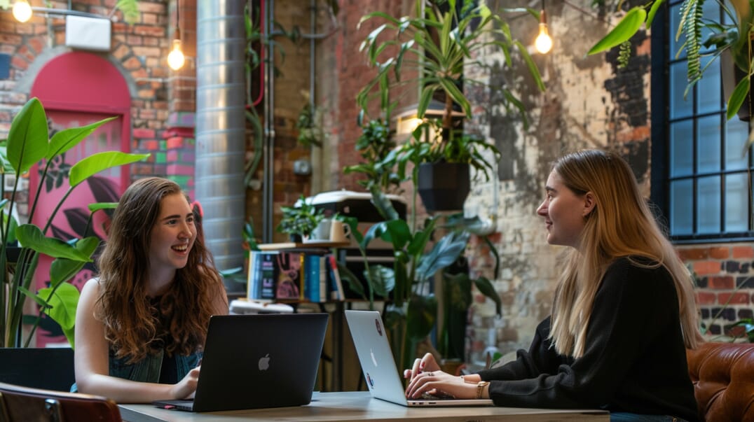 Zwei Frauen sitzen mit Laptops an einem Tisch und erhalten ein Startup-Coaching.