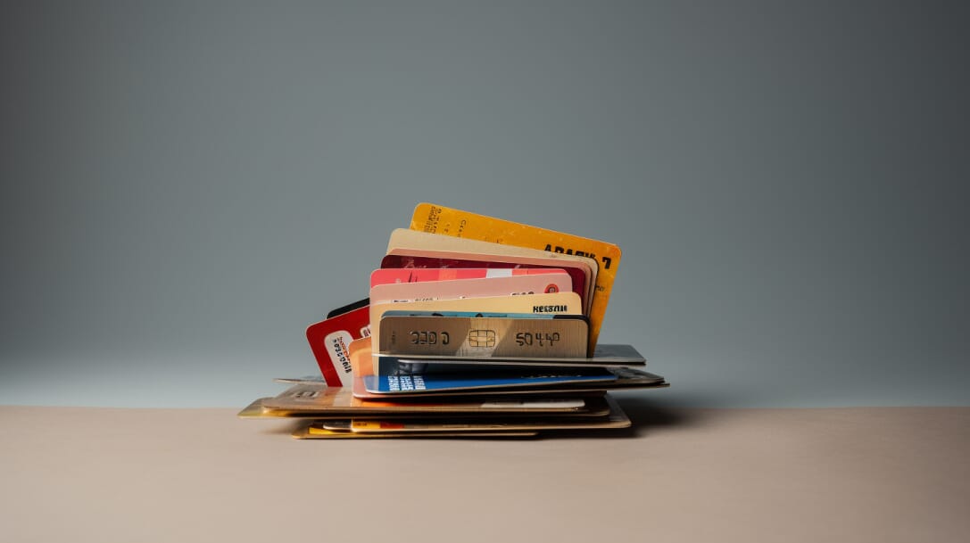 Ein Stapel Kreditkarten auf einem Tisch in einem Startup-Büro.